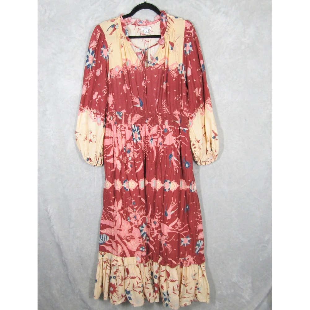 Othilia Red Floral Bird Print Cotton Maxi Dress Smocked Waist 1X Boho Peasant